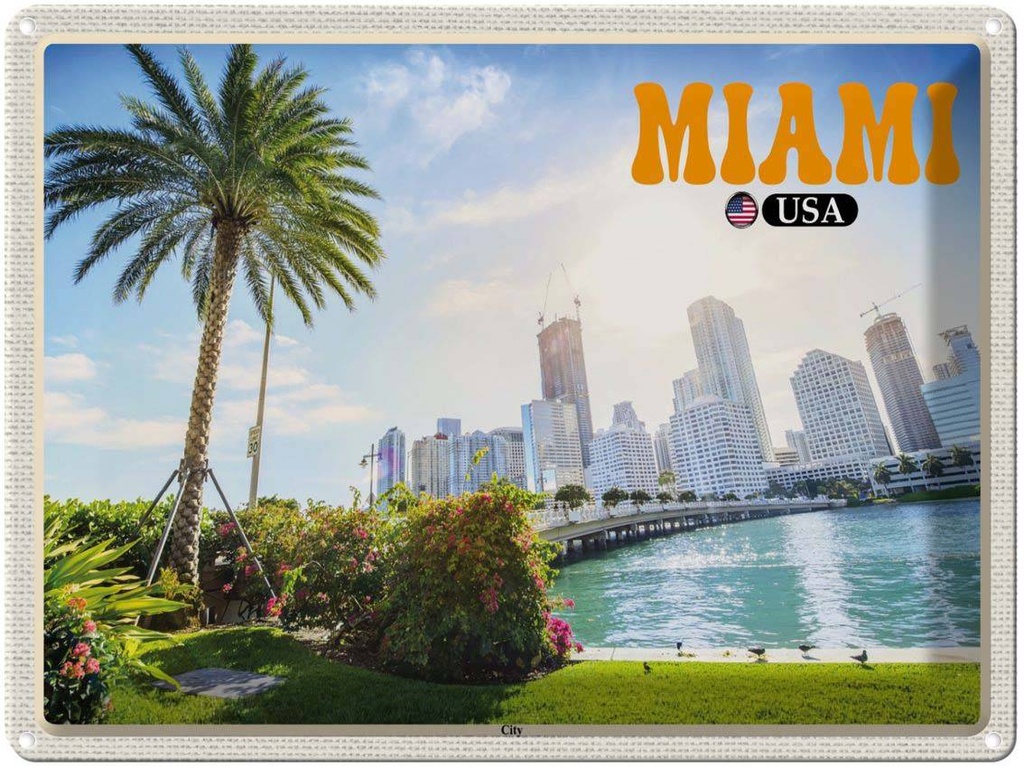 Blechschild 30x40 cm Miami USA Reisen City Stadt Meer Palme Urlaub Bildmotiv Reisemotiv Abenteuer