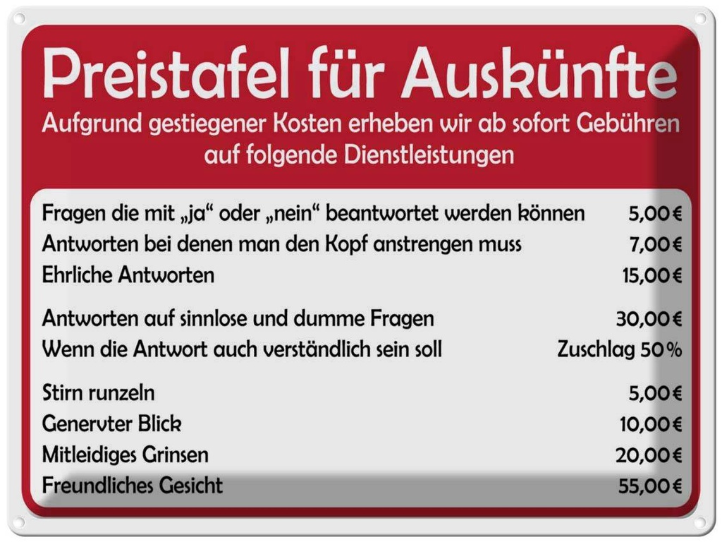 [LA-1789112] Blechschild 30x40 cm Preistafel für Auskünfte