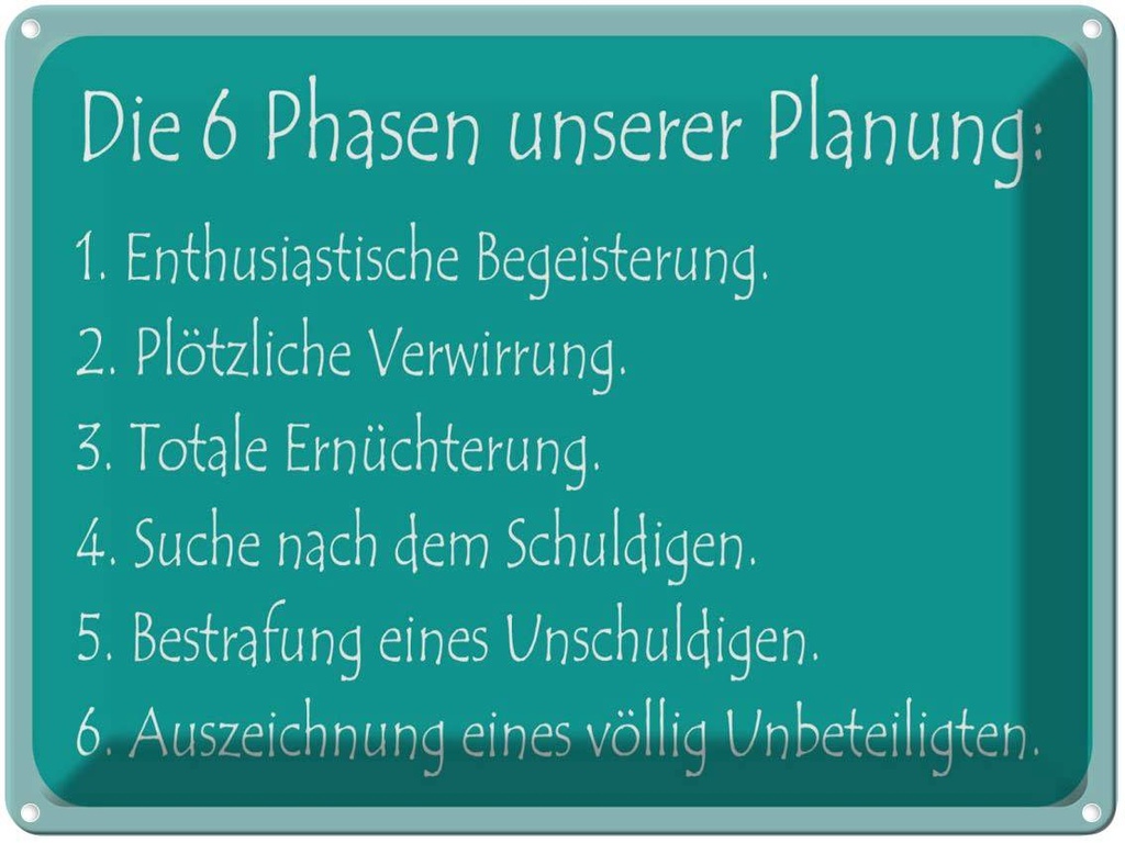 [LA-1789170] Blechschild 30x40 cm Die 6 Phasen unserer Planung Spruch Zitat
