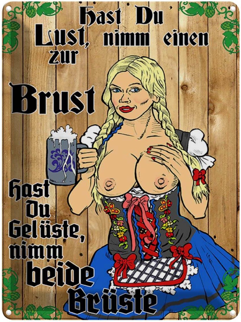 [LA-1789480] Blechschild 40x30 cm Pinup Nimm einen zur Brust Bier Spruch Zitat