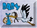 Blechschild 30x40 cm Baby Storch bringt Kind in blau