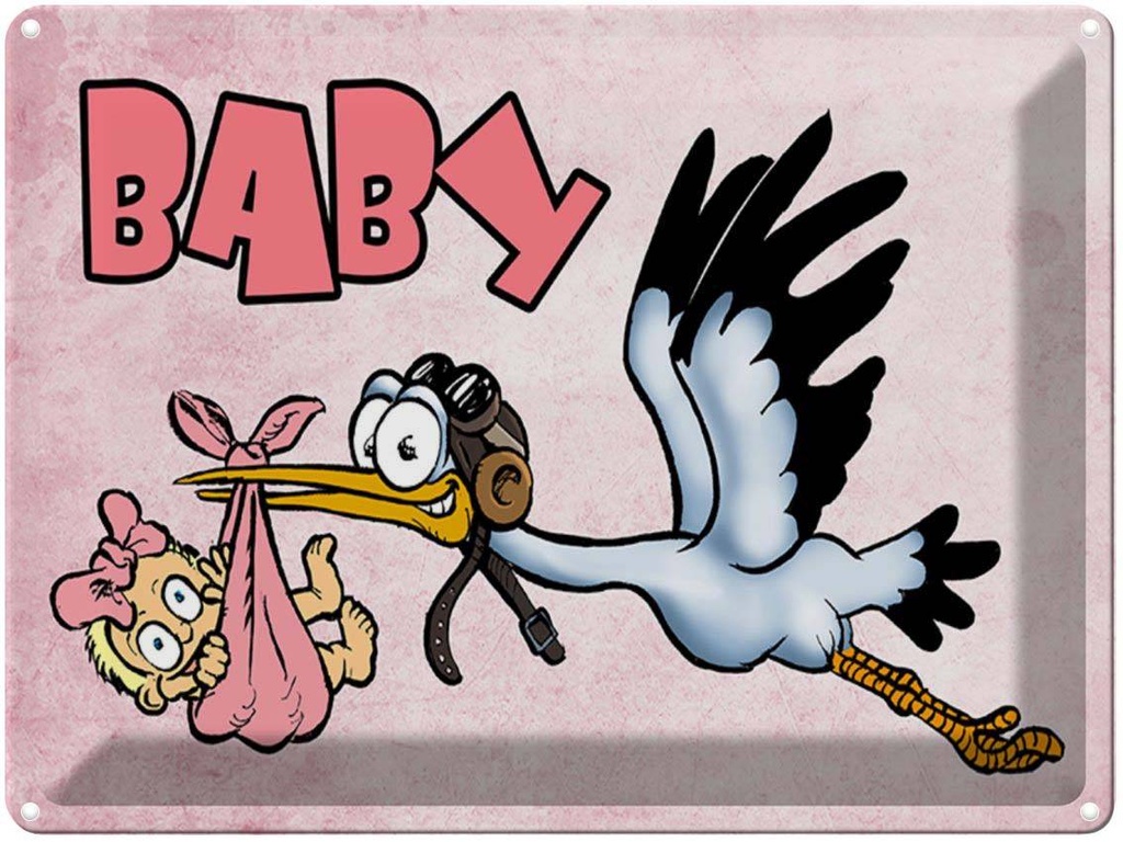 Blechschild 30x40 cm Baby Storch bringt Kind rosa