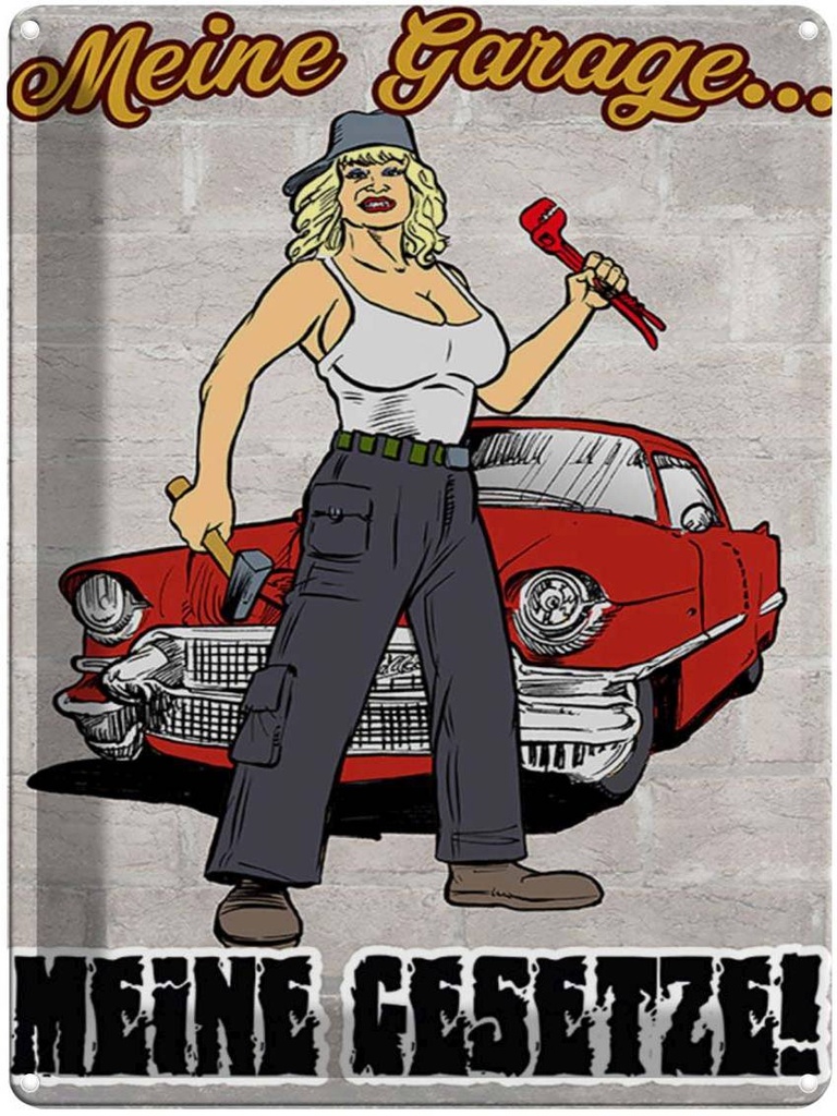 [LA-1789581] Blechschild 40x30 cm Pinup Meine Garage Gesetze Spruch Zitat