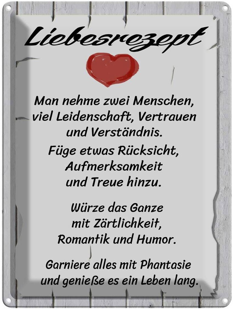 [LA-1789661] Blechschild 40x30 cm Liebesrezept nehme 2 Menschen Liebe