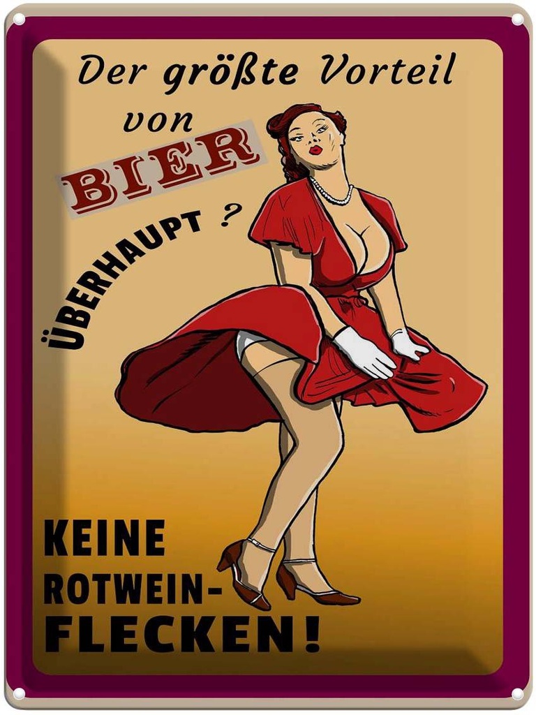 [LA-1789704] Blechschild 40x30 cm Pinup Vorteil Bier keine Rotweinflecken Spruch Zitat