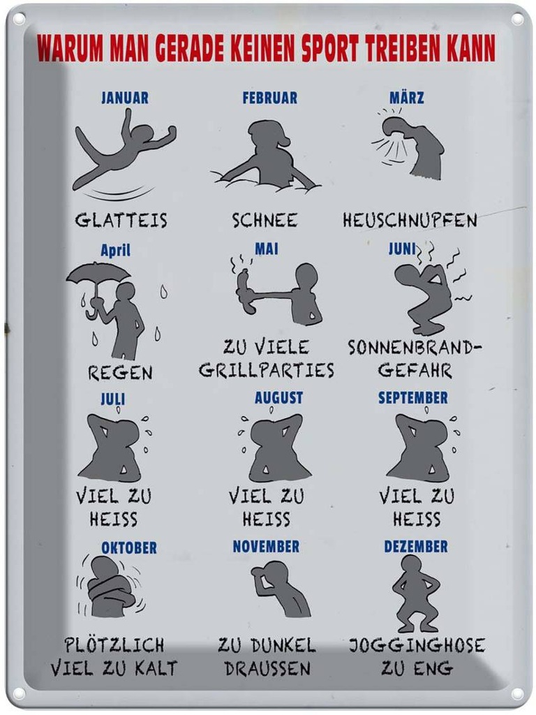 [LA-1789707] Blechschild 40x30 cm Gründe keinen Sport zu treiben Spruch Zitat