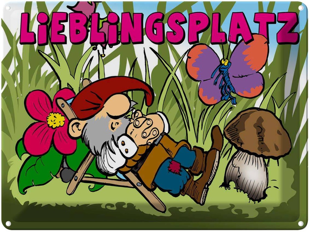 [LA-1789723] Blechschild 30x40 cm Lieblingsplatz Zwerg im Garten Spruch Zitat