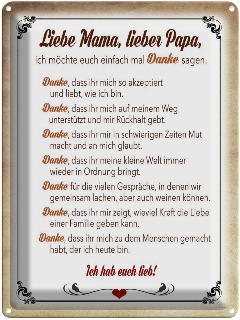[LA-1789901] Blechschild 40x30 cm Mama Papa hab euch lieb danke Spruch Zitat
