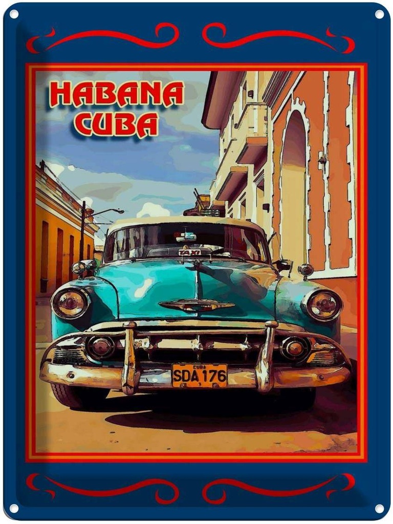 Blechschild 40x30 cm Cuba Habana Cuba blaues Auto