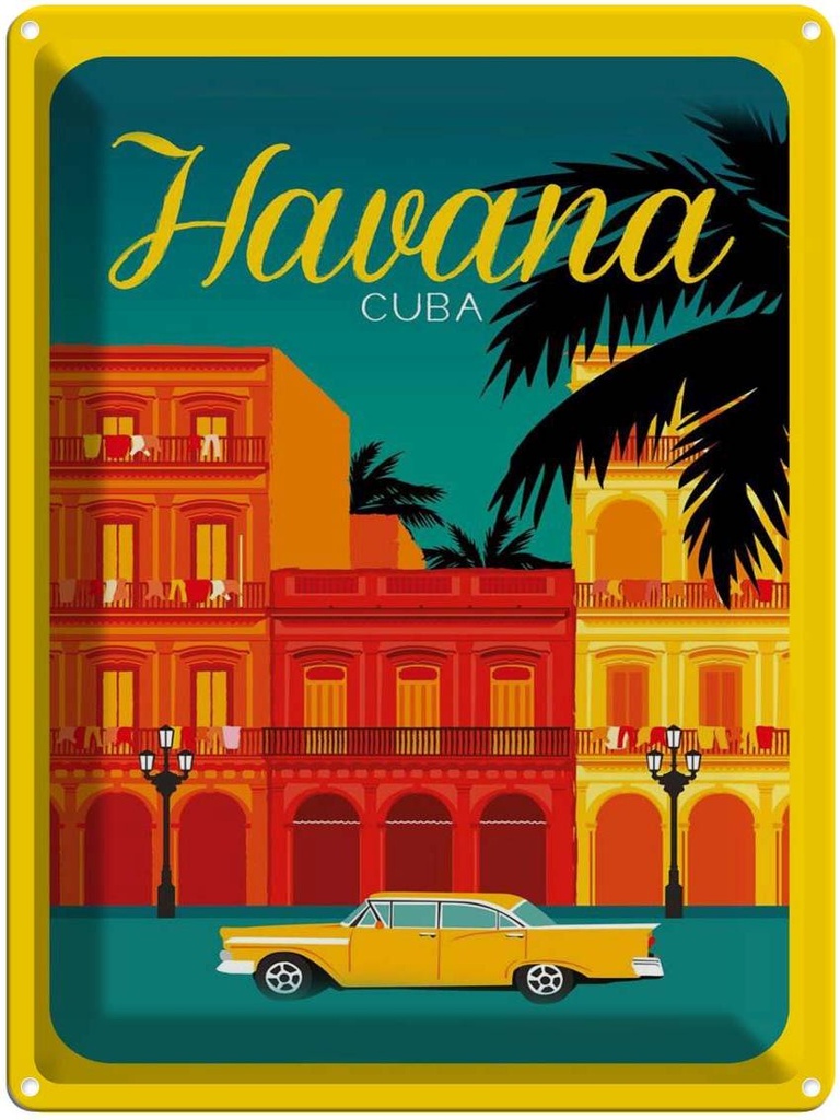 [LA-1789909] Blechschild 40x30 cm Havana Cuba Zeichnung gelbes Auto Abenteuer Reisen Urlaub