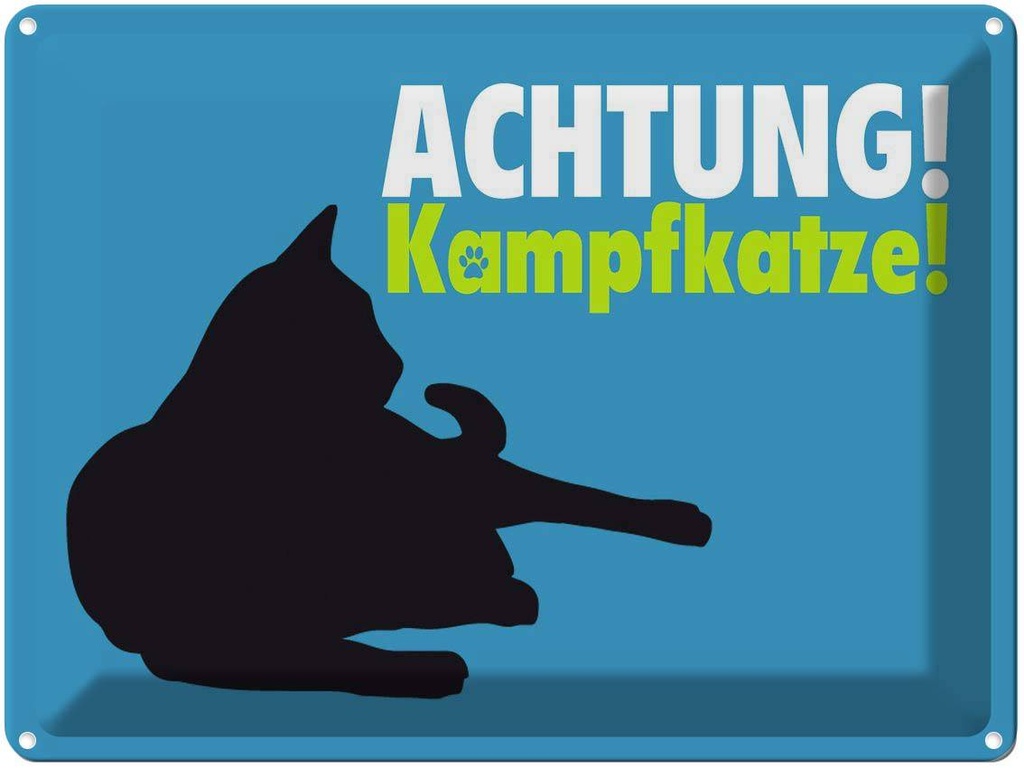 [LA-1790027] Blechschild 30x40 cm Achtung Kampfkatze Katze blau Warnschild Hinweisschild Tier Haustier Sicherheit Vorsicht