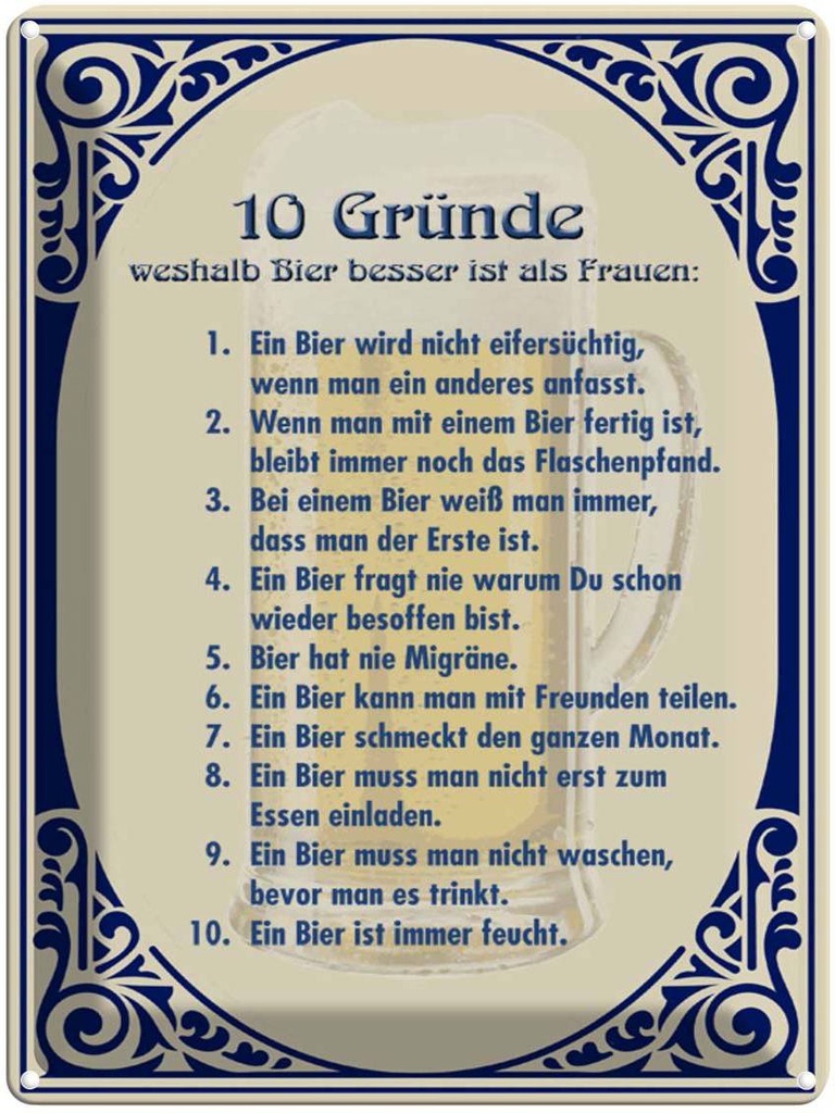 [LA-1790187] Blechschild 40x30 cm Alkohol Bier besser als Frauen Spruch Zitat