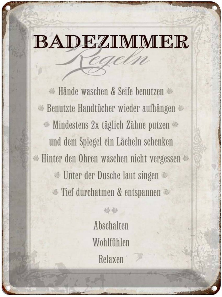 [LA-1790189] Blechschild 40x30 cm Badezimmer Regeln Haus Spruch Zitat