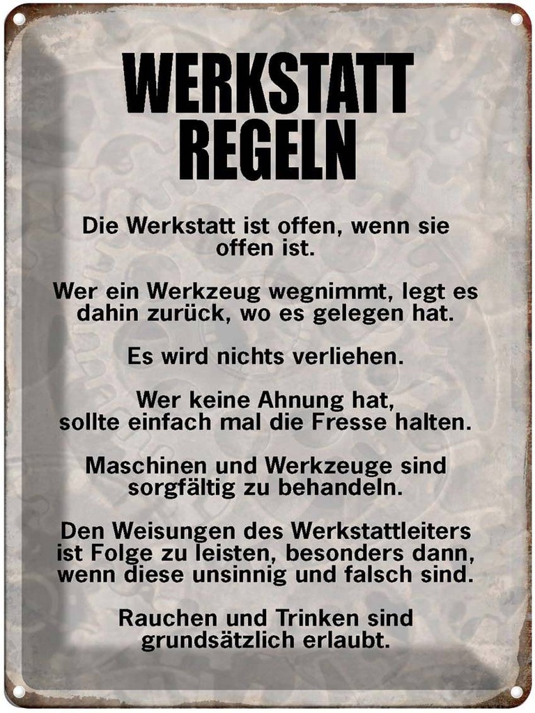 [LA-1790694] Blechschild 40x30 cm Werkstatt Regeln Werkzeug Spruch Zitat