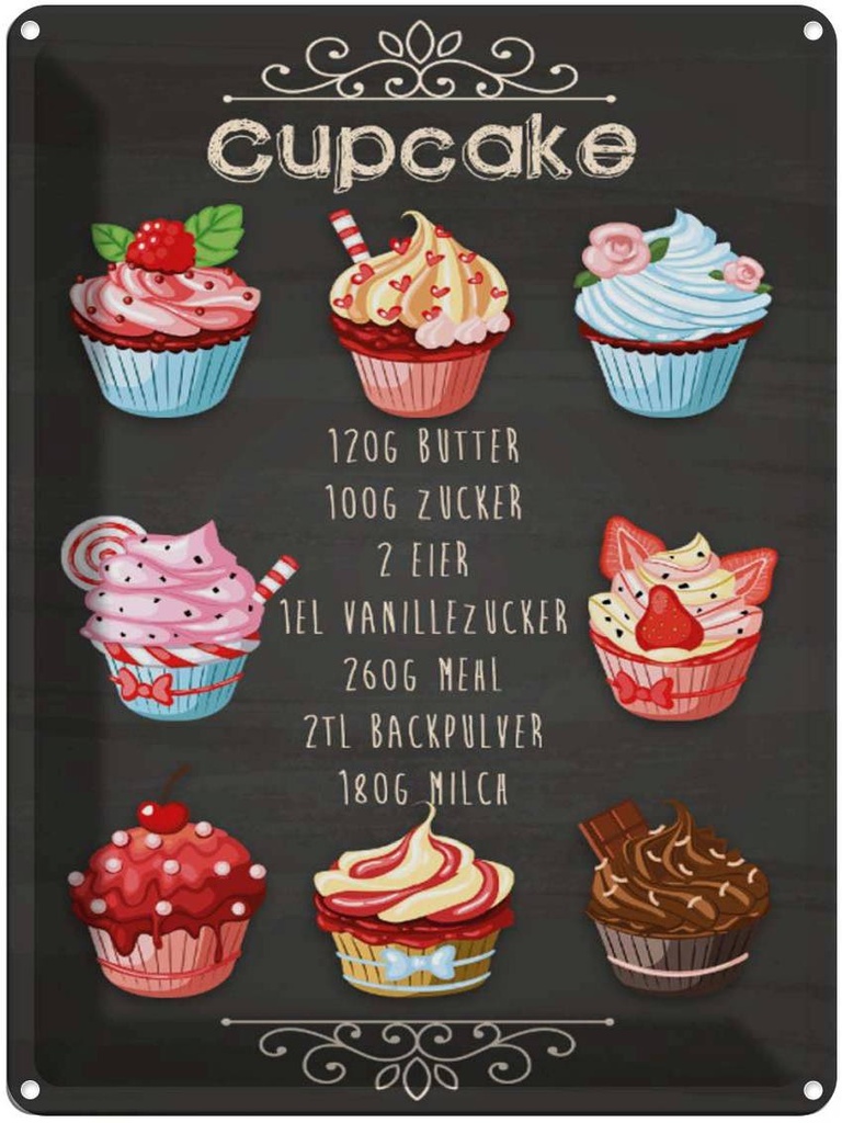 [LA-1791011] Blechschild 40x30 cm Rezept Cupcake 120G Butter Zucker Restaurant Küche