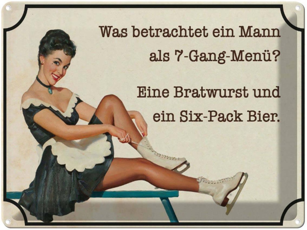[LA-1791037] Blechschild 30x40 cm 7-Gang-Menü Mann Wurst Bier Spruch Zitat