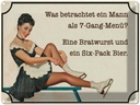 Blechschild 30x40 cm 7-Gang-Menü Mann Wurst Bier Spruch Zitat