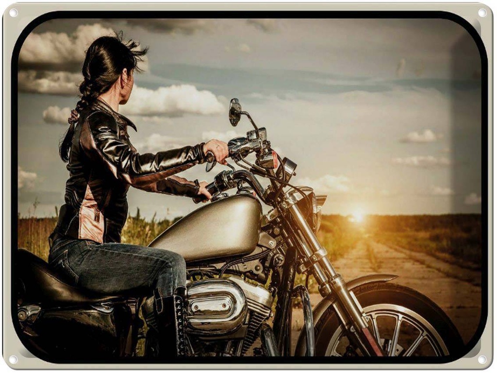 [LA-1791063] Blechschild 30x40 cm Motorrad Frau Girl Sonnenaufgang Bildmotiv