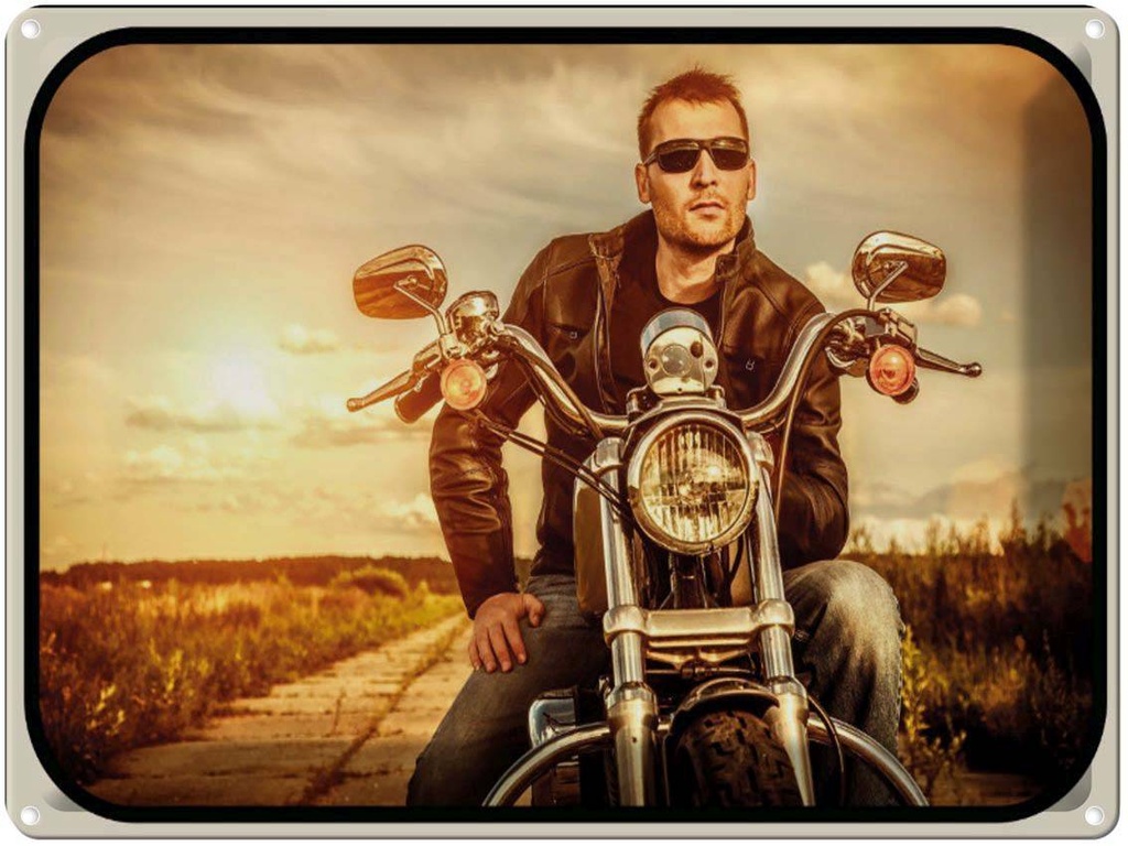 [LA-1791064] Blechschild 30x40 cm Motorrad Mann Man Sonnenuntergang Bildmotiv