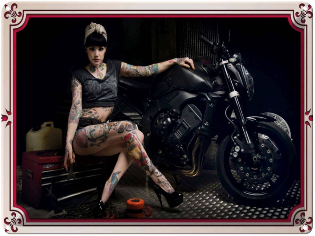 [LA-1791080] Blechschild 30x40 cm Motorrad Biker Girl Pinup Frau Tattoo Bildmotiv