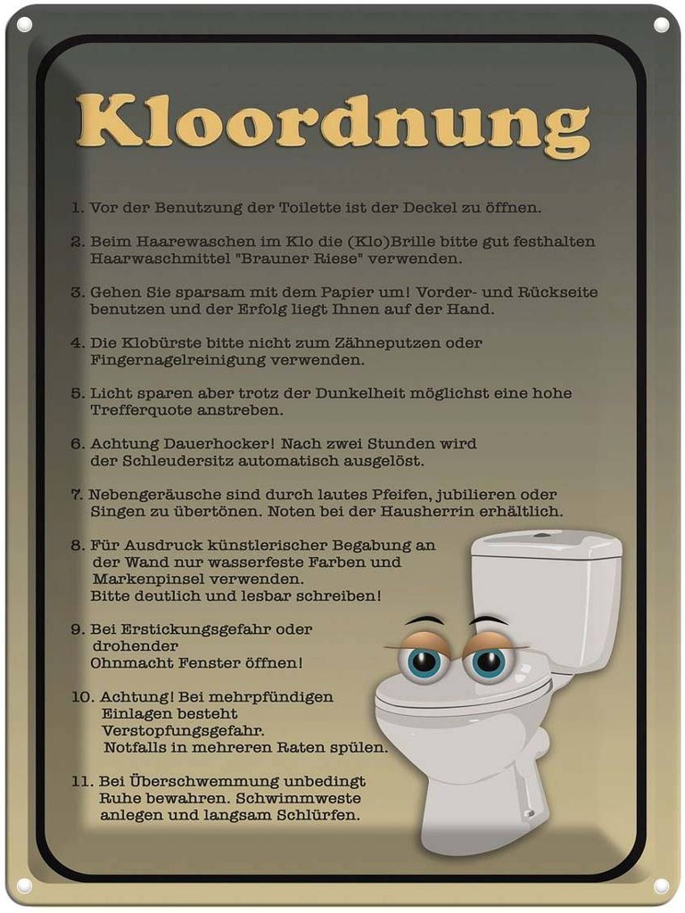 [LA-1791275] Blechschild 40x30 cm Kloordnung Toilette WC Regeln