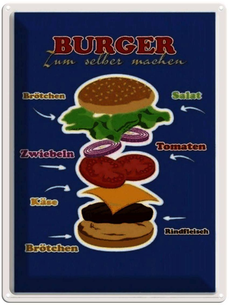 [LA-1791296] Blechschild 40x30 cm Rezept Burger zum selber machen Amerika USA American Diner