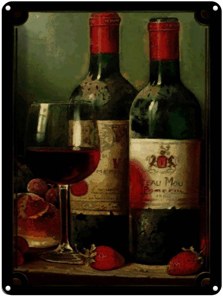 [LA-1791338] Blechschild 40x30 cm Stillleben Rotwein Erdbeeren Obst