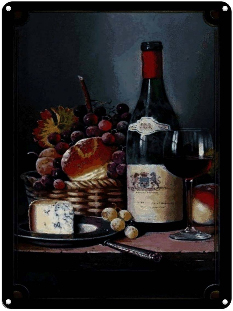 [LA-1791343] Blechschild 40x30 cm Stillleben Rotwein Käse Obst