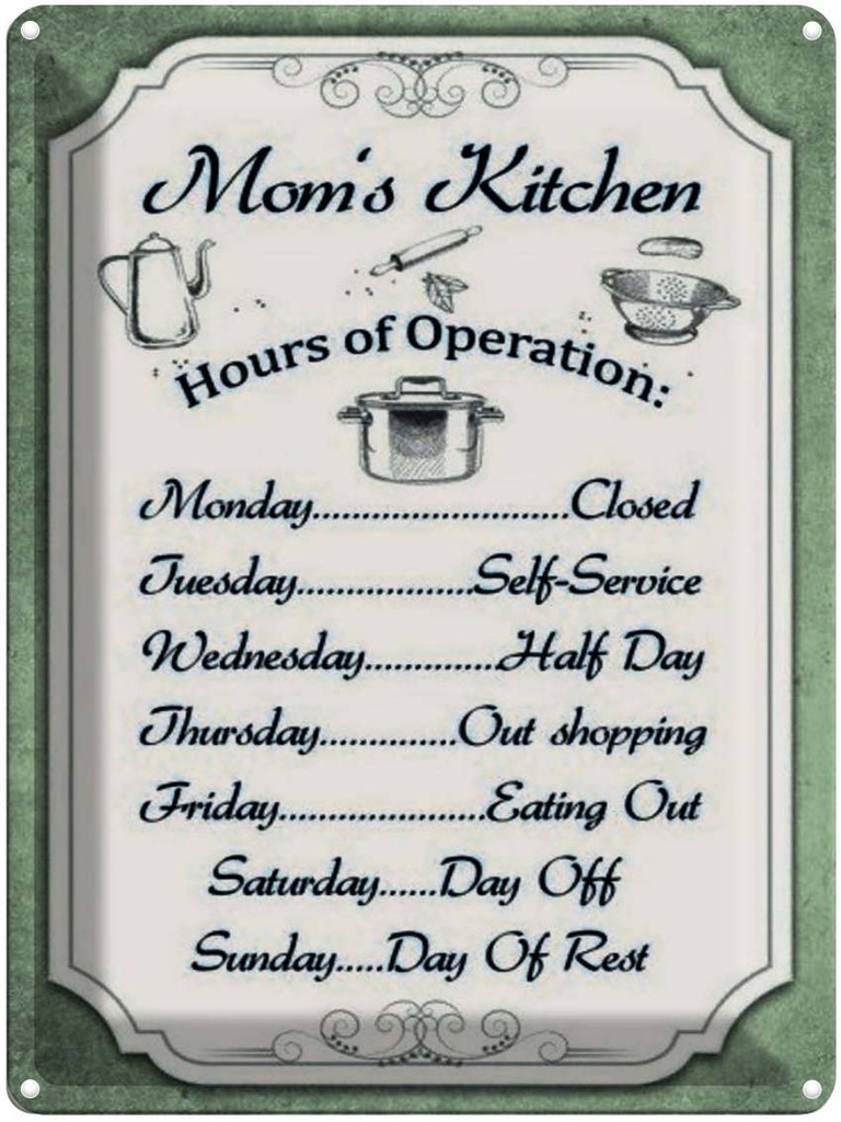 Blechschild 40x30 cm Mom`s Kitchen Hours Operation