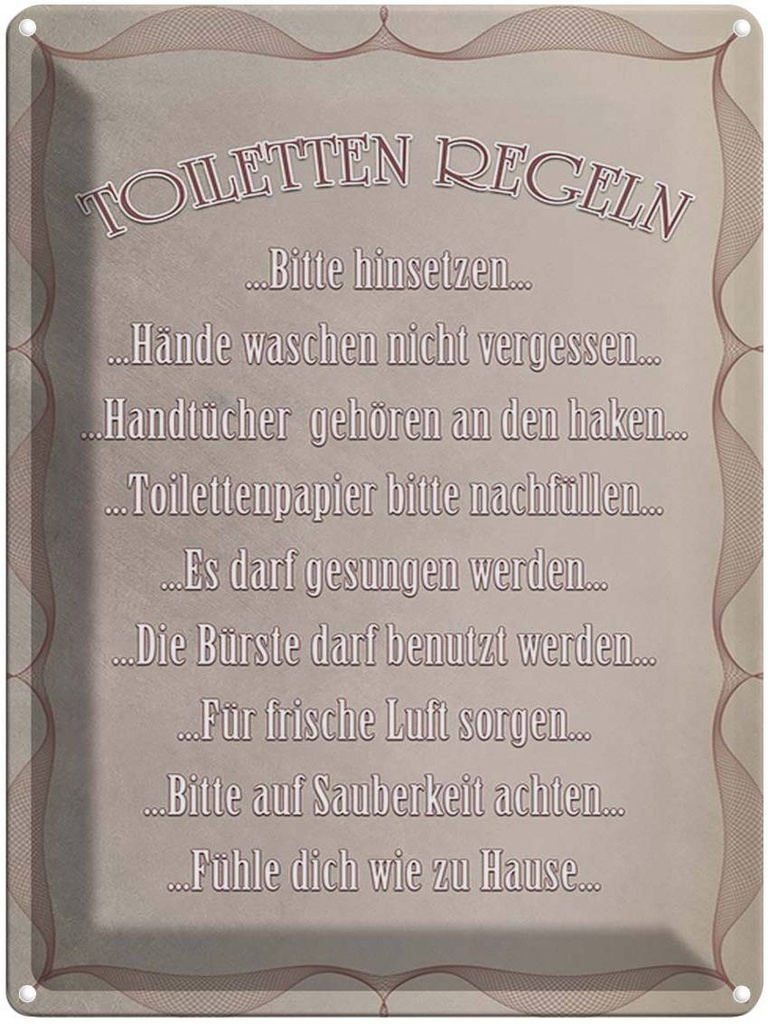 [LA-1791598] Blechschild 40x30 cm Toiletten Regeln bitte hinsetzen Spruch Zitat