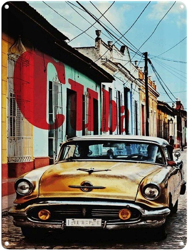 Blechschild 40x30 cm Cuba altes gelbes Auto Oldtimer
