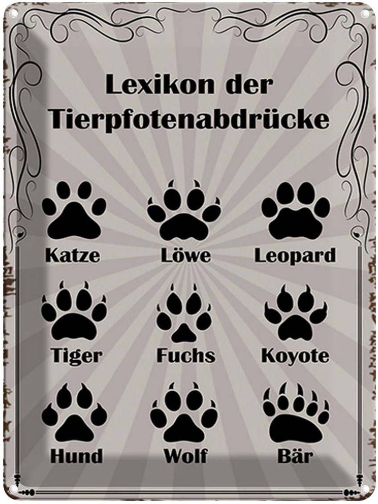 [LA-1791646] Blechschild 40x30 cm Lexikon Tierpfotenabdrücke Tiere