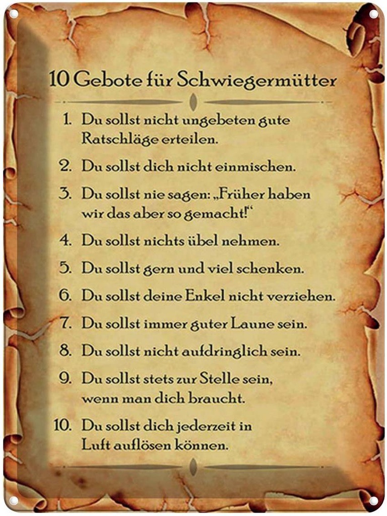 [LA-1791716] Blechschild 40x30 cm 10 Gebote für Schwiegermütter Spruch Zitat