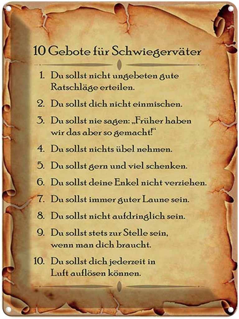 [LA-1791717] Blechschild 40x30 cm 10 Gebote für Schwiegerväter Spruch Zitat