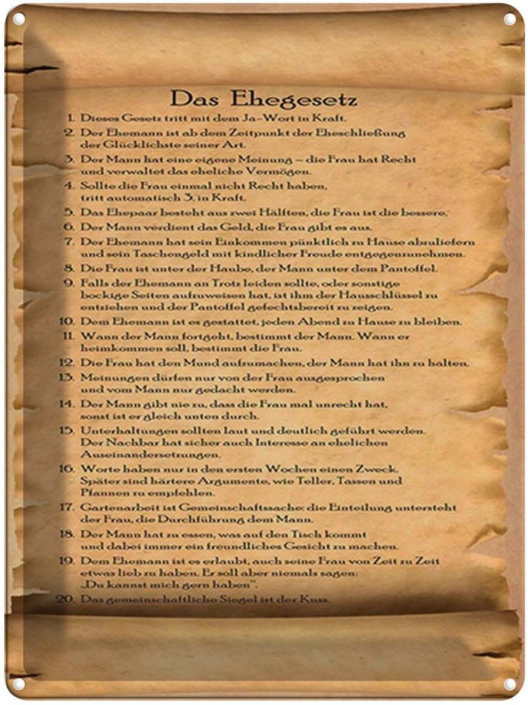[LA-1791722] Blechschild 40x30 cm das Ehegesetz ja Wort in Kraft Spruch Zitat
