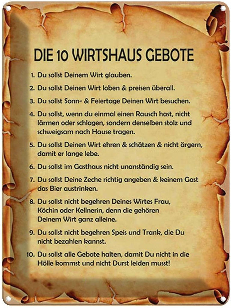 [LA-1791723] Blechschild 40x30 cm die 10 Wirtshaus Gebote Spruch Zitat