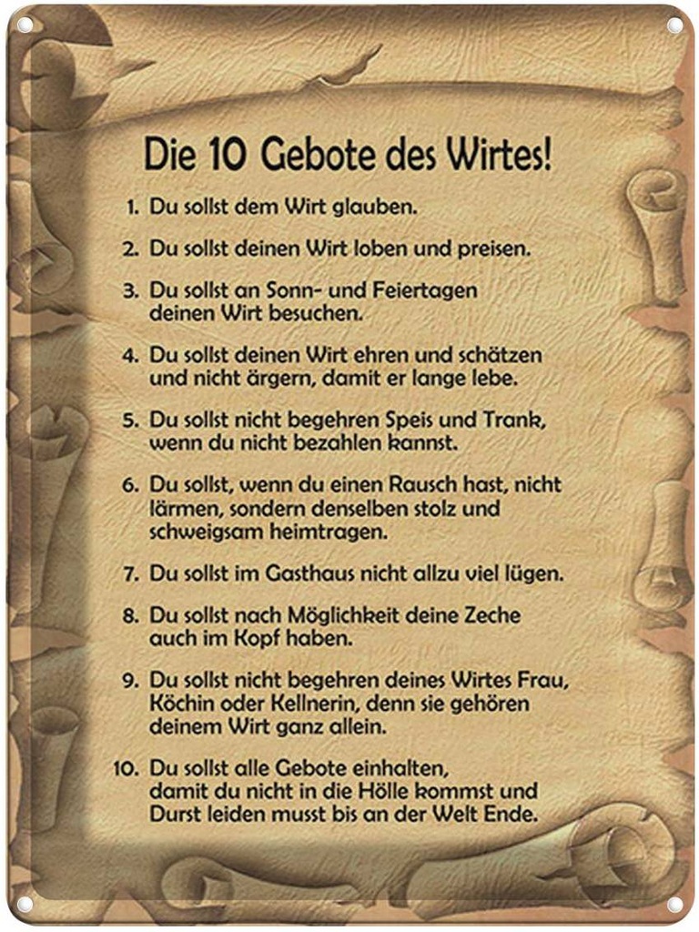 [LA-1791724] Blechschild 40x30 cm die 10 Gebote des Wirtes Spruch Zitat