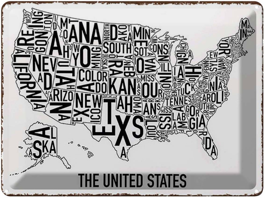 Blechschild 30x40 cm Karte The United States Texas Kansas