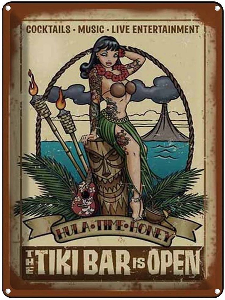 [LA-1792001] Blechschild 40x30 cm Pin Up TIKI Bar is Open Cocktail Music