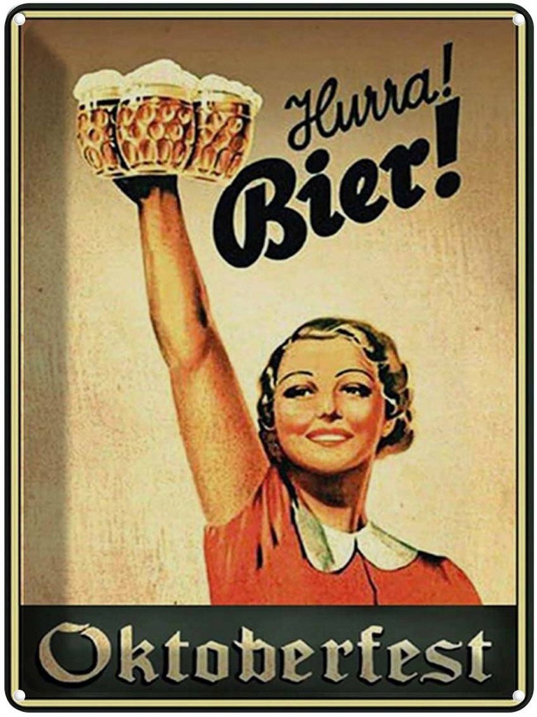 [LA-1792006] Blechschild 40x30 cm Oktoberfest Hurra Frau mit Bier Feiern Party