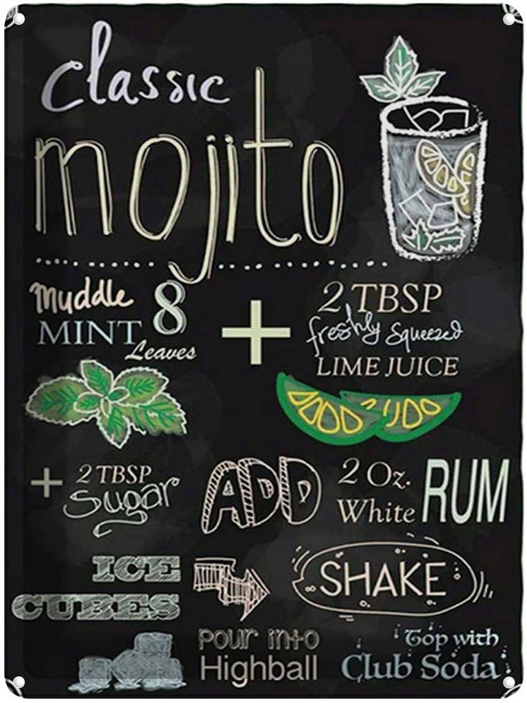 [LA-1792014] Blechschild 40x30 cm Rezept classic mojito white Rum Soda
