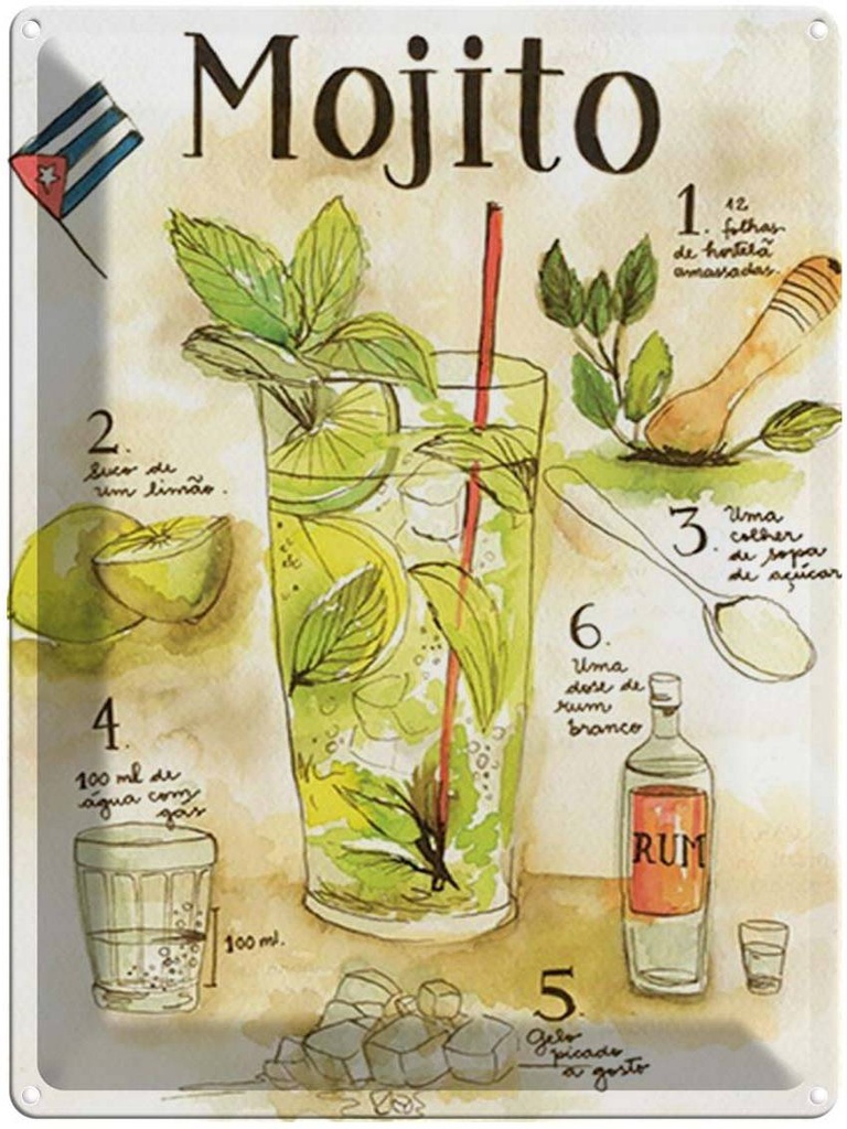 [LA-1792015] Blechschild 40x30 cm Rezept Mojito Rum suco de limão Agua