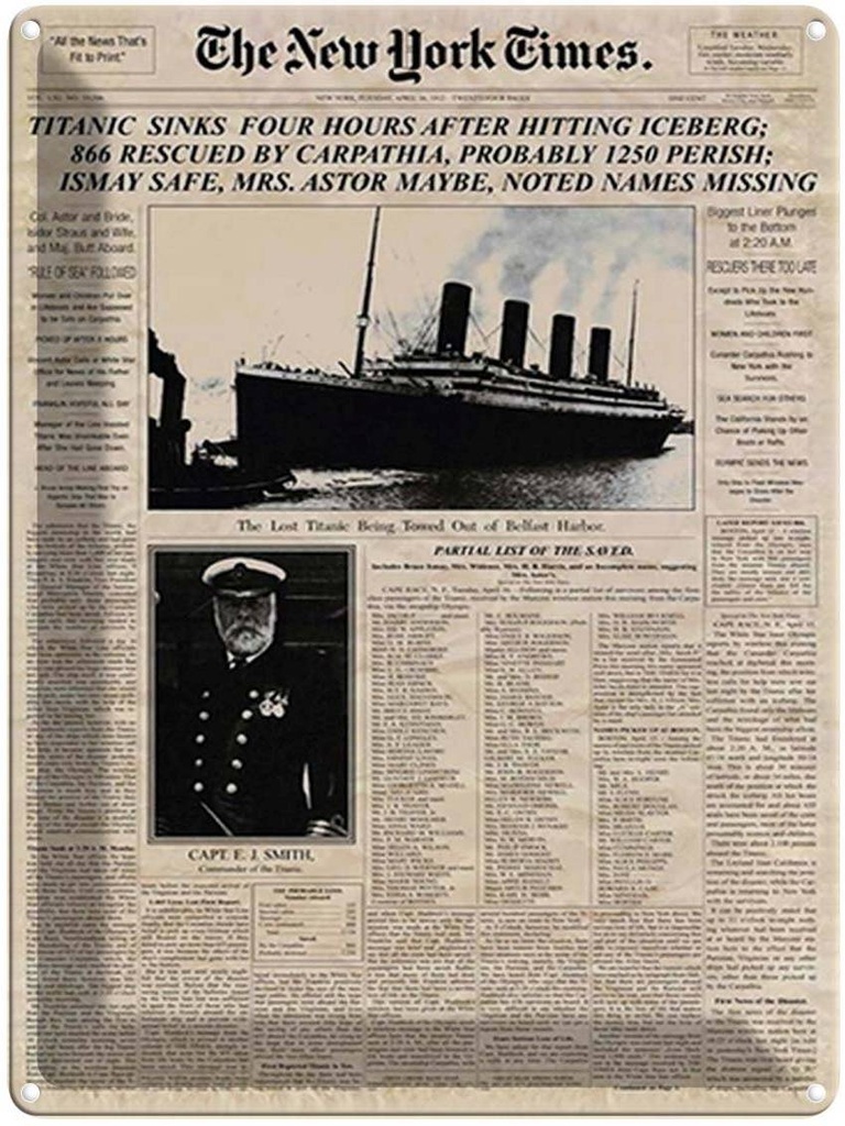 [LA-1792033] Blechschild 40x30 cm Zeitung New York Times Titanic sinks Abenteuer Reisen Urlaub
