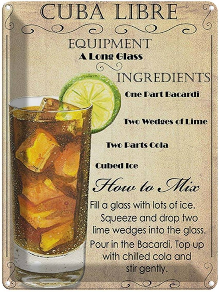 [LA-1792062] Blechschild 40x30 cm Alkohol Cuba Libre Equipment ingredient