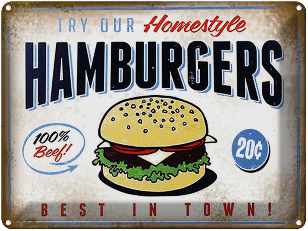 [LA-1792072] Blechschild 30x40 cm Hamburger best in town 100% Beef
