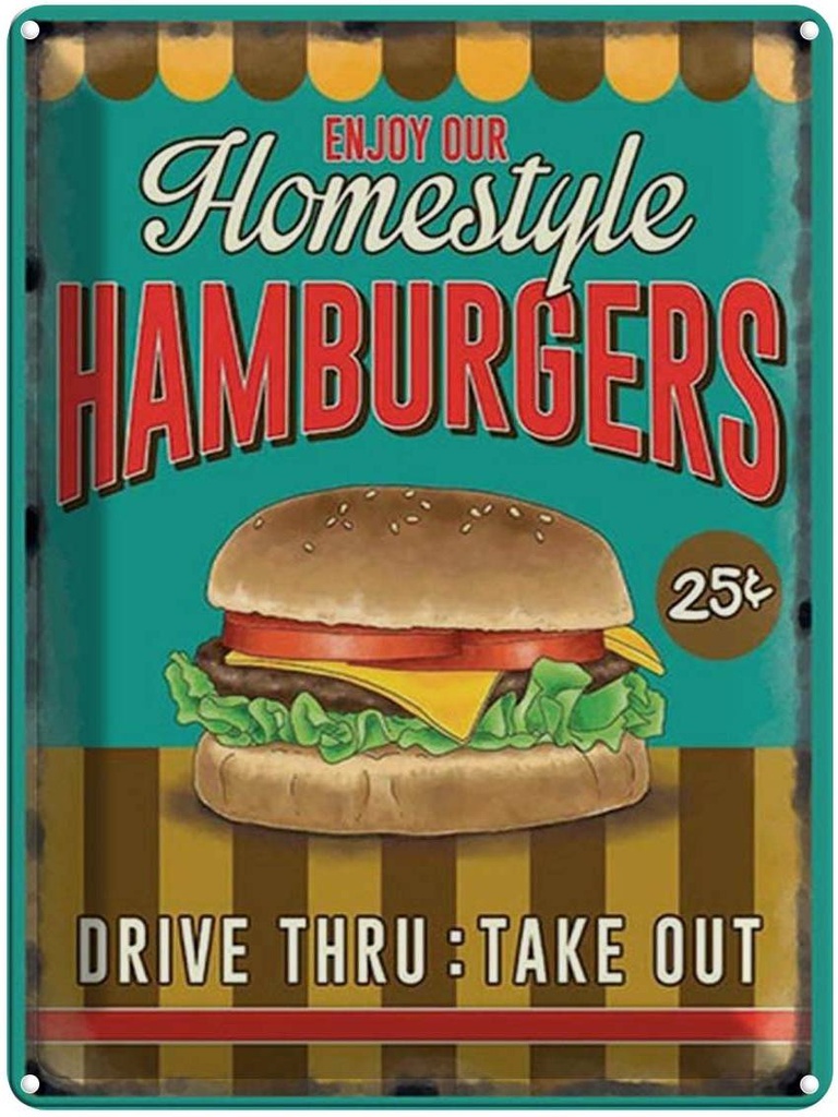 Blechschild 40x30 cm Essen Hamburgers enjoy our Homestyle