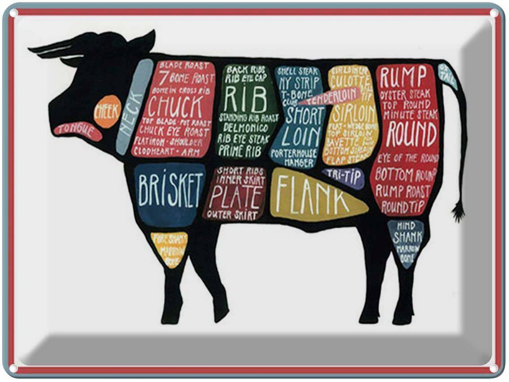[LA-1792144] Blechschild 30x40 cm Metzger Kuh Beef cuts Fleisch