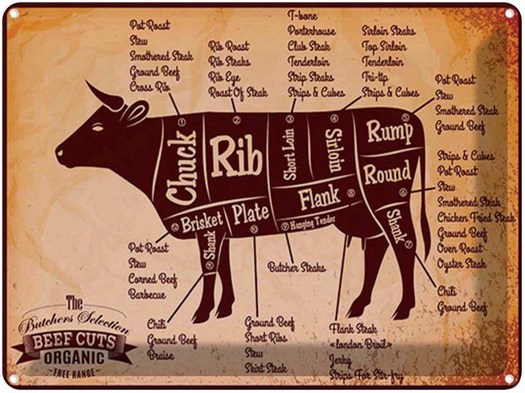 [LA-1792145] Blechschild 30x40 cm Metzger Beef cuts Organic Metzgerei