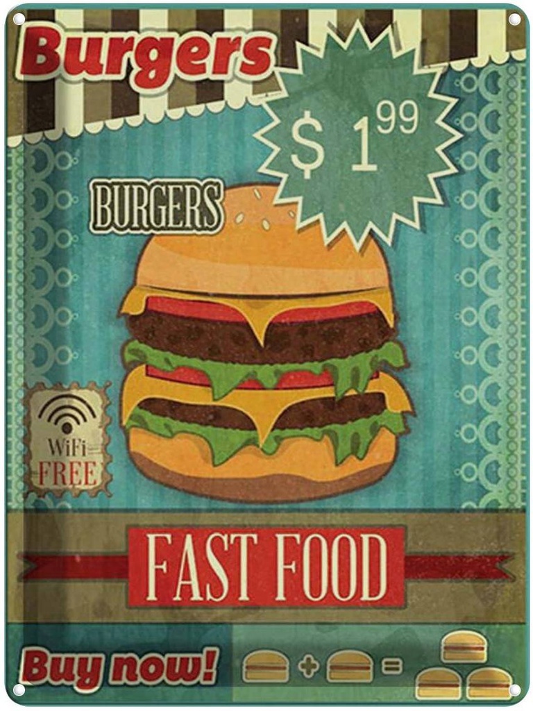 [LA-1792147] Blechschild 40x30 cm Essen fast Diner food Burgers buy now wifi Amerika USA American