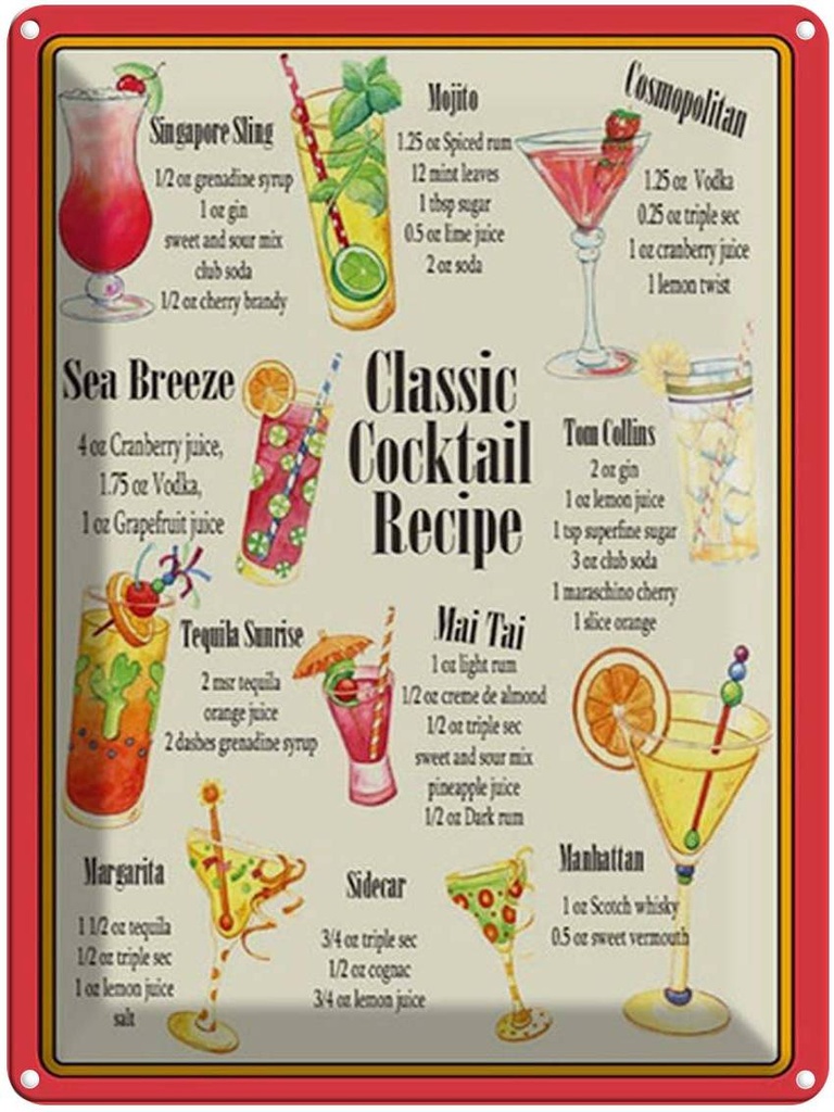 [LA-1792148] Blechschild 40x30 cm Alkohol Classic Cocktail Recipe Rezepte
